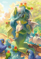 Size: 2059x2913 | Tagged: safe, artist:holivi, imported from derpibooru, oc, oc:cloud-up, bird, cockatoo, earth pony, hyacinth macaw, macaw, parrot, pony, commission, eye clipping through hair, female, lovebird, mare, one eye closed, sky, smiling, tree