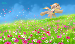 Size: 1280x754 | Tagged: safe, artist:holivi, imported from derpibooru, oc, oc only, pegasus, pony, clothes, cloud, commission, digital art, eyes closed, female, floppy ears, flower, flower field, flying, grass, happy, mare, signature, sky, smiling, solo, spread wings, uniform, wings, wonderbolt trainee uniform