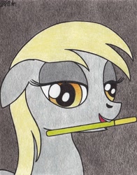 Size: 1620x2065 | Tagged: safe, artist:aracage, imported from derpibooru, derpy hooves, pony, bedroom eyes, bust, female, floppy ears, food, mare, mouth hold, pocky, portrait, simple background, solo, traditional art