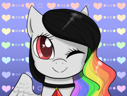 Size: 2000x1500 | Tagged: safe, artist:jagga-chan, imported from derpibooru, oc, oc only, oc:neon scribbles, pegasus, pony, bust, female, mare, one eye closed, portrait, solo, wink