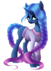 Size: 710x1000 | Tagged: safe, artist:bastet-catmew, imported from derpibooru, oc, oc only, pony, unicorn, braid, clothes, female, mare, shirt, simple background, solo, white background