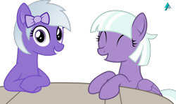 Size: 2500x1489 | Tagged: safe, artist:arifproject, imported from derpibooru, appointed rounds, oc, oc:comment, derpibooru, derpibooru ponified, duo, grin, looking at you, meta, ponified, simple background, smiling, table, transparent background, vector