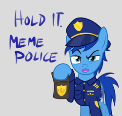 Size: 794x756 | Tagged: safe, artist:earth_pony_colds, imported from derpibooru, oc, oc only, oc:colds, earth pony, pony, :o, clothes, frown, glare, gray background, hat, hoof hold, kek, looking at you, male, meme, meme police, open mouth, police, raised eyebrow, simple background, solo, stallion, text, uniform