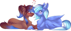 Size: 4356x1954 | Tagged: safe, artist:mauuwde, imported from derpibooru, oc, oc only, oc:heart sketch, oc:starlight starbright, pegasus, pony, unicorn, female, lesbian, mare, oc x oc, prone, shipping, simple background, transparent background