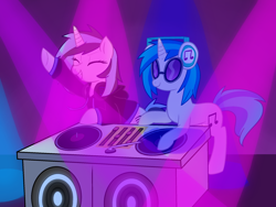 Size: 2000x1500 | Tagged: safe, artist:jagga-chan, imported from derpibooru, dj pon-3, vinyl scratch, oc, oc:electro charge, pony, unicorn, clothes, female, headphones, hoodie, mare, turntable