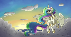 Size: 3860x1986 | Tagged: safe, artist:silverhopexiii, imported from derpibooru, princess celestia, alicorn, pony, cloud, female, flying, mare, ocean, solo, sun