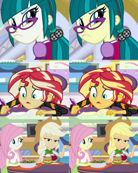 Size: 1080x1350 | Tagged: safe, imported from derpibooru, applejack, fluttershy, juniper montage, sunset shimmer, equestria girls, mirror magic, spoiler:eqg specials, color error, comparison, discovery family logo