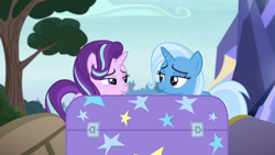 Size: 1920x1080 | Tagged: safe, imported from derpibooru, screencap, starlight glimmer, trixie, pony, unicorn, road to friendship, chest, duo, eye contact, female, lidded eyes, looking at each other, mare, smiling