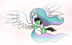 Size: 2480x1551 | Tagged: safe, artist:banebuster, imported from derpibooru, princess celestia, oc, oc:anon, oc:anon stallion, alicorn, anonymous, belly button, bronybait, cuddling, cute, cutelestia, embrace, eyes closed, female, glow, glowing, happy, hnnng, hug, love, male, mare, missing accessory, momlestia, question mark, simple background, snuggling, soft, spread wings, stallion, warm, wings