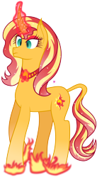 Size: 7756x14173 | Tagged: safe, artist:illumnious, imported from derpibooru, sunset shimmer, pony, unicorn, absurd resolution, collar, curved horn, female, fiery shimmer, fire, horn, leonine tail, magic, regal, simple background, solo, transparent background, vector