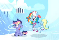 Size: 1592x1070 | Tagged: safe, artist:iheyyasyfox, imported from derpibooru, rainbow dash, oc, oc:nick storm, pegasus, pony, backwards ballcap, baseball cap, cap, colt, female, hat, male, mother and son, necktie, offspring, parent:rainbow dash, parent:soarin', parents:soarindash, sitting