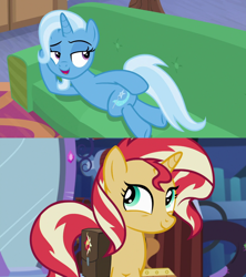 Size: 1280x1440 | Tagged: safe, edit, edited screencap, imported from derpibooru, screencap, sunset shimmer, trixie, pony, unicorn, equestria girls, mirror magic, road to friendship, spoiler:eqg specials, color error, couch, draw me like one of your french girls, female, lesbian, looking back, mare, prone, shipping, suntrix