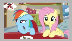 Size: 1423x809 | Tagged: safe, edit, edited screencap, editor:leonidus, imported from derpibooru, screencap, fluttershy, rainbow dash, flutter brutter, offscreen character, pov, restaurant, shipping, table, third wheel, thought bubble