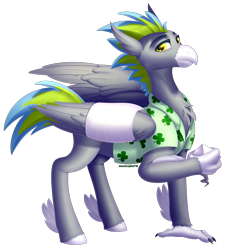 Size: 2466x2712 | Tagged: safe, artist:meowcephei, imported from derpibooru, oc, oc only, oc:malus fortuna, classical hippogriff, hippogriff, bandage, bandaged wing, broken wing, clothes, commission, injured, male, shirt, simple background, solo, transparent background