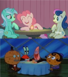 Size: 843x948 | Tagged: safe, edit, edited screencap, imported from derpibooru, screencap, bon bon, lyra heartstrings, pinkie pie, sweetie drops, pony, season 8, the maud couple, spoiler:s08, comparison, culture shock, harold squarepants, laughing, margaret squarepants, mr. krabs, patrick star, spongebob squarepants, table