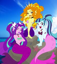 Size: 5856x6552 | Tagged: safe, artist:turbolover175, imported from derpibooru, adagio dazzle, aria blaze, sonata dusk, mermaid, siren, starfish, equestria girls, absurd resolution, belly button, crossed arms, fangs, female, jewelry, looking at you, mermaidized, midriff, necklace, species swap, the dazzlings