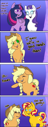 Size: 435x1156 | Tagged: safe, artist:nichroniclesvsart, imported from derpibooru, applejack, rarity, sunset shimmer, twilight sparkle, alicorn, series:princess sciset, alternate hairstyle, grammar error, human pony applejack, human pony rarity, starry eyes, twilight sparkle (alicorn), wingding eyes