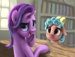 Size: 3385x2582 | Tagged: safe, artist:odooee, imported from derpibooru, cozy glow, starlight glimmer, pony, unicorn, marks for effort, desk, female, filly, get a load of this guy, guidance counselor, open mouth, scene interpretation, talking, underhoof