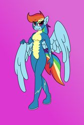 Size: 800x1200 | Tagged: safe, alternate version, artist:da52, artist:eow, derpibooru exclusive, imported from derpibooru, rainbow dash, anthro, clothes, looking at you, simple background, smiling, uniform, wings, wonderbolts, wonderbolts uniform