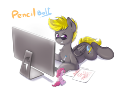 Size: 1024x800 | Tagged: safe, artist:tikrs007, imported from derpibooru, pinkie pie, oc, oc:pencil bolt, pegasus, pony, computer, drawing, drawing tablet, glasses, looking at you, lying, male, mane, monitor, prone, simple background, solo, stallion, sunglasses, tablet, toy, white background