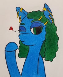 Size: 1095x1337 | Tagged: safe, artist:dice warwick, artist:dice-warwick, imported from derpibooru, oc, oc only, oc:star charter, pony, bedroom eyes, bust, ear piercing, earring, heart, jewelry, one eye closed, piercing, portrait, solo, traditional art, wavy mane, wink