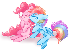 Size: 1024x719 | Tagged: safe, artist:pinkablue, imported from derpibooru, pinkie pie, rainbow dash, earth pony, pegasus, pony, blush sticker, blushing, cheek kiss, eyes closed, female, kiss on the cheek, kissing, lesbian, lightly watermarked, mare, one eye closed, pinkiedash, shipping, simple background, sitting, watermark, white background