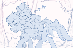 Size: 2100x1404 | Tagged: safe, artist:yakovlev-vad, imported from derpibooru, oc, oc only, pegasus, pony, carrying, digital art, duo, eyes closed, female, male, mare, patreon, patreon reward, saddle bag, sketch, sleeping, smiling, stallion, walking, zzz