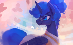 Size: 1100x681 | Tagged: safe, artist:rodrigues404, imported from derpibooru, princess luna, alicorn, pony, abstract background, alternate hairstyle, clothes, digital art, female, glasses, hair bun, mare, short hair, short mane, smiling, solo