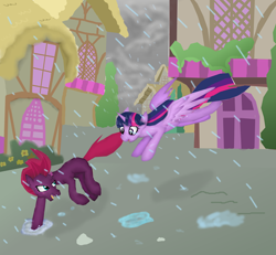 Size: 7896x7296 | Tagged: safe, artist:mr100dragon100, imported from derpibooru, tempest shadow, twilight sparkle, alicorn, absurd resolution, ponyville, rain, running, twilight sparkle (alicorn)