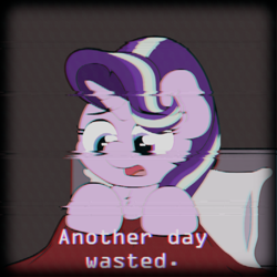 Size: 788x788 | Tagged: safe, artist:ljdamz1119, imported from derpibooru, starlight glimmer, pony, bed, caption, depression, error, female, glitch, solo, vaporwave