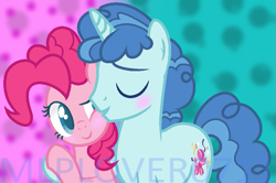 Size: 803x533 | Tagged: safe, artist:mlplover0711, imported from derpibooru, party favor, pinkie pie, abstract background, base used, blushing, colored pupils, eyes closed, female, hug, male, partypie, shipping, side hug, straight, watermark