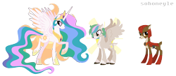 Size: 1706x742 | Tagged: safe, artist:sohoneyle, imported from derpibooru, blackthorn, princess celestia, oc, oc:heavenly, deer, deer pony, hybrid, original species, pony, base used, celesthorn, cutie mark background, female, interspecies offspring, male, mare, offspring, parent:blackthorn, parent:princess celestia, parents:celesthorn, raised hoof, shipping, signature, simple background, spread wings, straight, transparent background, wings