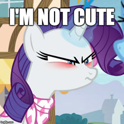 Size: 500x499 | Tagged: safe, edit, edited screencap, imported from derpibooru, screencap, rarity, pony, unicorn, the end in friend, blatant lies, blushing, cropped, cute, denial, denial's not just a river in egypt, female, i'm not cute, image macro, mare, meme, raribetes, solo focus