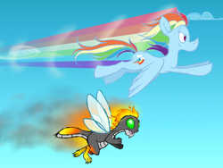 Size: 1024x768 | Tagged: safe, artist:azulmimi99, imported from derpibooru, rainbow dash, pony, buzz (neopets), crossover, female, fire, flying, neopets, rainbow, smoke, solo