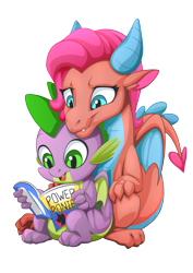 Size: 2171x3070 | Tagged: safe, artist:mysticalpha, idw, imported from derpibooru, mina, spike, dragon, friends forever, spoiler:comic, spoiler:comicff14, behind, comic, commission, cuddling, cute, dragoness, female, looking down, male, minabetes, open mouth, power ponies comic, reading, shipping, simple background, sitting, smiling, spina, spooning, straight, transparent background, winged spike, wings