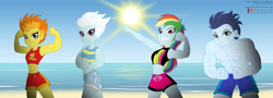 Size: 2496x900 | Tagged: safe, artist:niban-destikim, imported from derpibooru, fleetfoot, rainbow dash, soarin', spitfire, equestria girls, equestria girls series, abs, armpits, beach, belly button, biceps, clothes, commission, equestria girls-ified, fitfire, fleetflex, flexing, looking at you, muscles, partial nudity, rainbuff dash, sand, shorts, showing off, smiling, soaripped, sports bra, sun, topless, wonderbolts