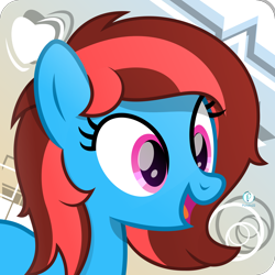 Size: 3208x3208 | Tagged: safe, artist:potato22, imported from derpibooru, oc, oc only, oc:lucid heart, pony, abstract background, bust, female, mare, open mouth, smiling, solo