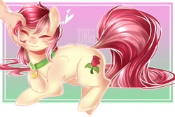 Size: 1500x1000 | Tagged: safe, artist:prjanik, imported from derpibooru, roseluck, earth pony, human, pony, back fluff, behaving like a cat, collar, commissioner:doom9454, cute, digital art, eyes closed, female, fluffy, hand, heart, lying, mare, offscreen character, pet tag, petting, pony pet, rosepet, solo focus