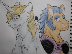 Size: 2454x1840 | Tagged: safe, artist:crimson-brush64, imported from derpibooru, flash sentry, prince blueblood, bluesentry, gay, male, shipping, traditional art