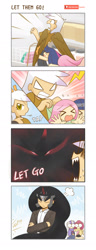 Size: 860x2242 | Tagged: safe, artist:howxu, imported from derpibooru, fluttershy, gilda, king sombra, posey shy, twilight sparkle, twilight velvet, human, series:my little kindergarten, 4koma, apple, big eyes, clothes, comic, dress, food, horned humanization, humanized, running, running in place, shocked, shopping cart, skirt, skirt pull, sweat, winged humanization, wings