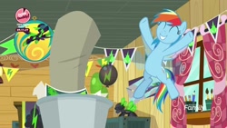 Size: 1920x1080 | Tagged: safe, imported from derpibooru, screencap, rainbow dash, pegasus, pony, the washouts (episode), female, flying, happy, mare, merchandise, poster, solo, the washouts, trash can