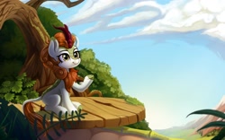 Size: 2560x1600 | Tagged: safe, artist:taneysha, imported from derpibooru, autumn blaze, kirin, sounds of silence, cloud, female, platform, solo, tree