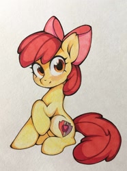 Size: 950x1280 | Tagged: safe, artist:lispp, imported from derpibooru, apple bloom, earth pony, pony, adorabloom, bow, cute, female, filly, hair bow, looking at you, simple background, solo, traditional art, white background