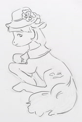 Size: 1500x2228 | Tagged: safe, artist:exclusionzone, imported from derpibooru, coco pommel, earth pony, pony, female, gray background, grayscale, hat, lineart, monochrome, simple background, solo