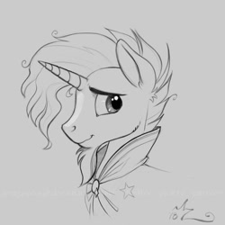Size: 900x900 | Tagged: safe, artist:amarynceus, imported from derpibooru, sunburst, pony, unicorn, beard, cloak, clothes, facial hair, gradient background, grayscale, male, monochrome, solo, stallion