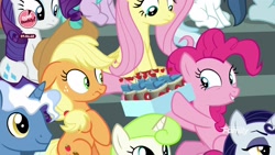 Size: 1920x1080 | Tagged: safe, imported from derpibooru, screencap, applejack, minty green, moonlight raven, pinkie pie, pokey pierce, rarity, earth pony, pegasus, pony, unicorn, the washouts (episode), "scootaloo's super-difficult stunt" special cupcakes, bake it like buddy, cowboy hat, discovery family logo, duo focus, eyeshadow, female, freckles, hair tie, hat, horn, looking down, makeup, male, mare, sitting, smiling, stallion, stetson, wings