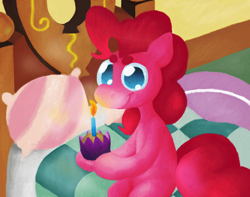 Size: 1256x988 | Tagged: safe, artist:67fats, deleted from derpibooru, imported from derpibooru, pinkie pie, semi-anthro, bedroom, cupcake, female, food, mare, ms paint, sitting, solo