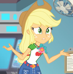 Size: 714x720 | Tagged: safe, imported from derpibooru, screencap, applejack, equestria girls, equestria girls series, rollercoaster of friendship, belt, clothes, cowboy hat, denim skirt, female, freckles, fun inspector, geode of super strength, hat, skirt, stetson