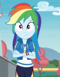 Size: 491x630 | Tagged: safe, imported from derpibooru, screencap, rainbow dash, equestria girls, equestria girls series, rollercoaster of friendship, clothes, cropped, crossed arms, female, geode of super speed, hoodie, magical geodes, pants, shirt, smiling, solo