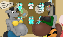 Size: 1280x768 | Tagged: safe, artist:theimmortalwolf, imported from derpibooru, oc, oc:luis, oc:shawn, oc:shawnette, anthro, draconequus, baby clothes, belly, big belly, breasts, draconequus oc, pregnant, rule 63